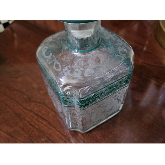 RARE ANTIQUE GREEN ACID ETCHED FLOWER BOTTLE LIQUOR WHISKEY DECANTER STOPPER JAR